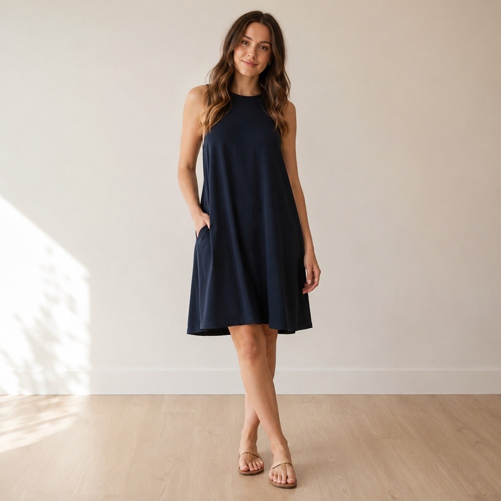 Time and Tru Womens Navy Blue Sleeveless Swing Dress with Pockets Size S 4-6